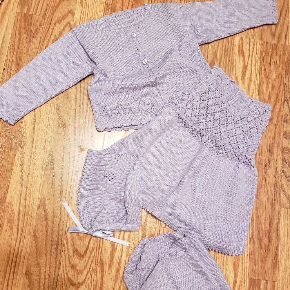 BABY CHRISTENING SET LAVENDER HAND knitted alpaca NEW NEW NEWA 4 PIECES - Picture 2 of 5